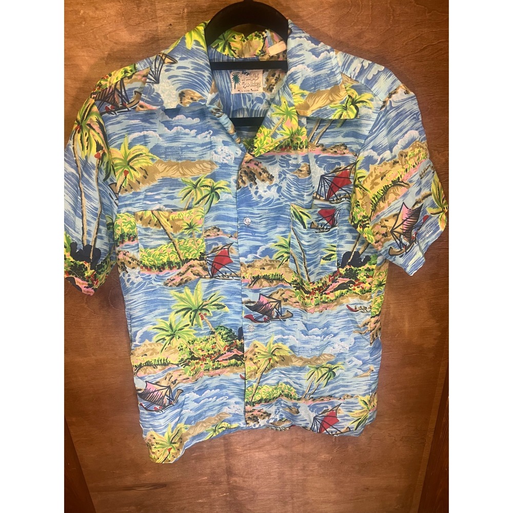 Waikiki Holiday Vintage Hawaiian Shirt‎ Blue Tropical Island Print Short Sleeve